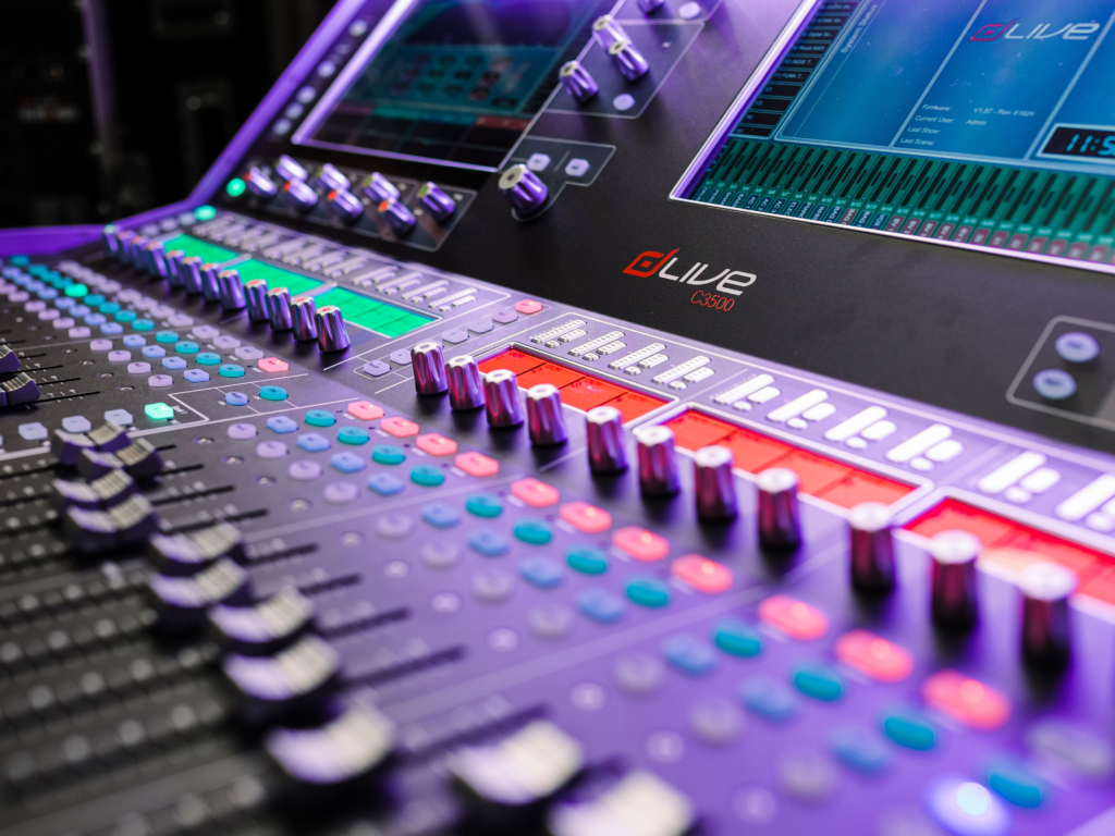 An Allen and Heath D-Live console installed in a music venue.